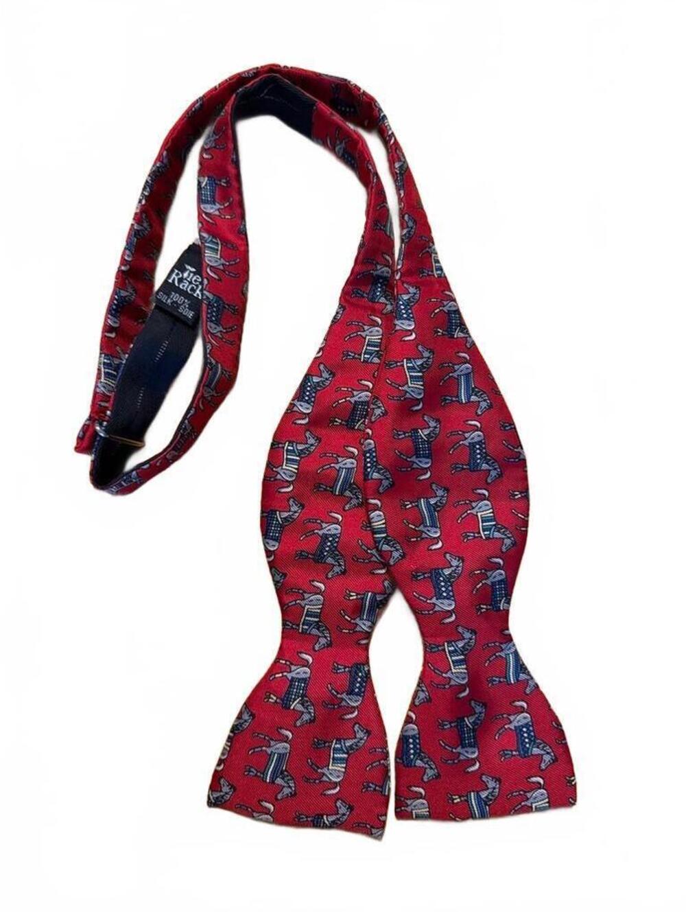 Tie Rack Mens Red Silk Bow Tie Equestrian Horse Print Made in Germany Self Tie